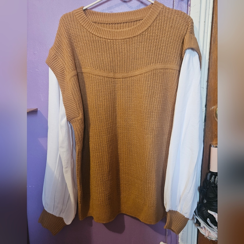 Tan Sweater Vest with White Sleeves